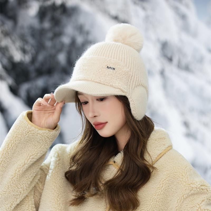 Saco de Orelha Tricotado em Lã, Chapéu Quente com Aba de Pato, Boné de Beisebol Feminino Plush Forrado à Prova de Vento para Outono e Inverno