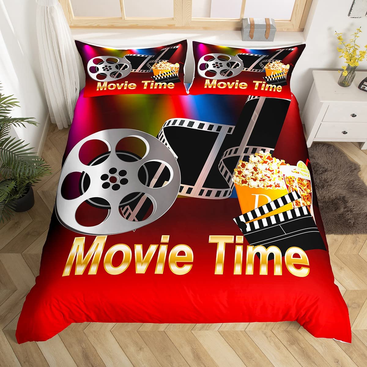

Vintage Cinema Soft Duvet Cover for Family Boy Girl Home Theater Rom Decor Ful Movie Themed Warm Comforter Cover Film Theme Beding Set 100*200cm Single