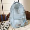 Checkered Pattern Sweet Lace Design Student Backpack With Plush Pendant Decor