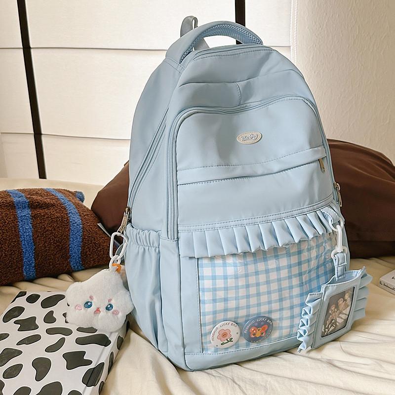 Checkered Pattern Sweet Lace Design Student Backpack With Plush Decor Pendant