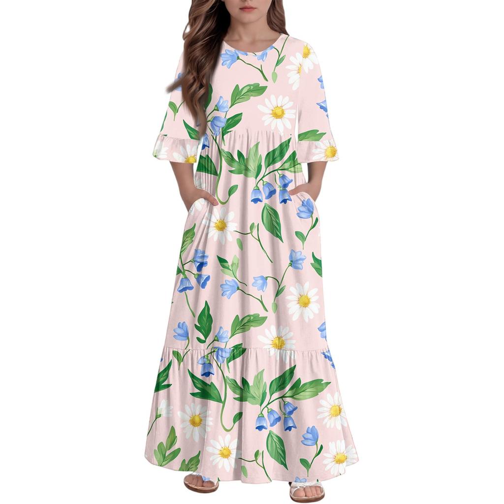 Girls' Tiered Ruffle Dress - 3/4 Sleeve Pocket Maxi With Pockets