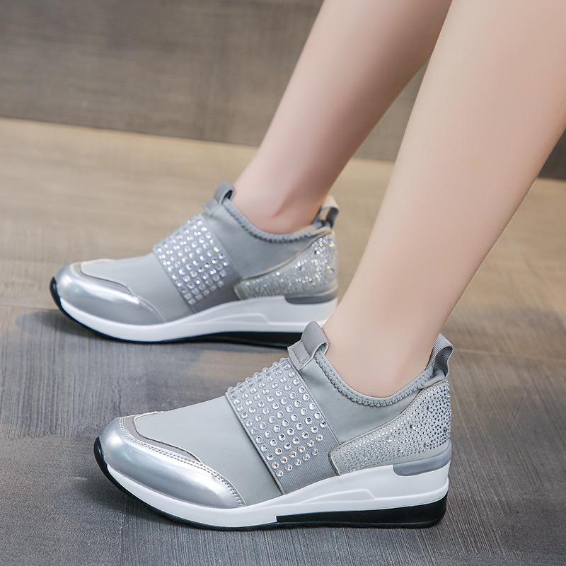 2025 Spring Korean Style Wedge Heel Rhinestone Slip-On Casual Flats for Women - Plus Size Round Toe Thick Sole Dad Shoes