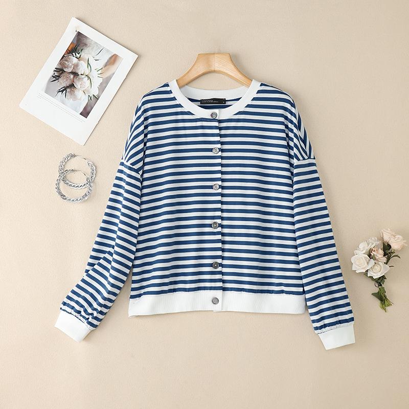 

ZANZEA Women Casual Round Neck Long Sleeve Stripe Cardigan Blouse 5XL синий