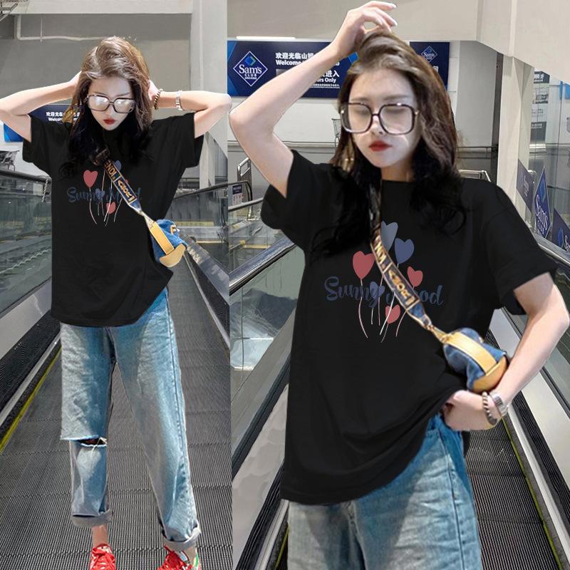 

Pure cotton apricot with love inside long-sleeved short-sleeved T-shirt for women s 2025 spring new European loose top bottoming shirt XXXL