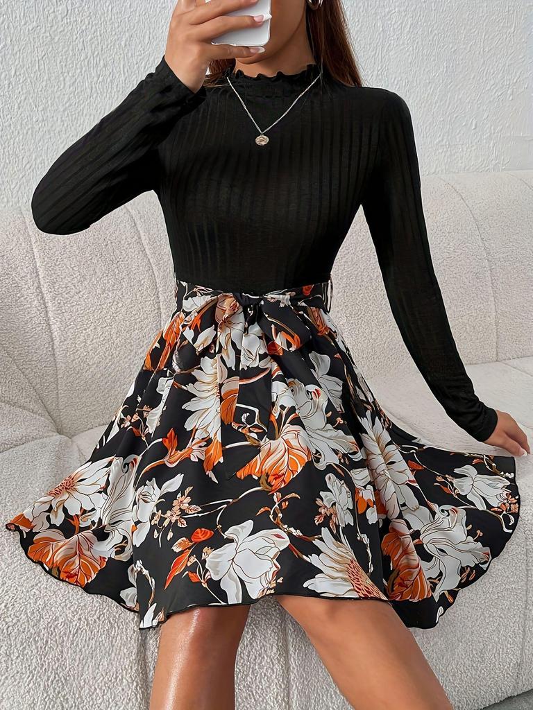 Elegant High-Waist Patchwork Long-Sleeve Dress for Women