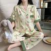 Tulip Color Matching Pajamas Women's Summer Short-sleeved Trousers Medium Mother Thin Cardigan Large Size Loungewear