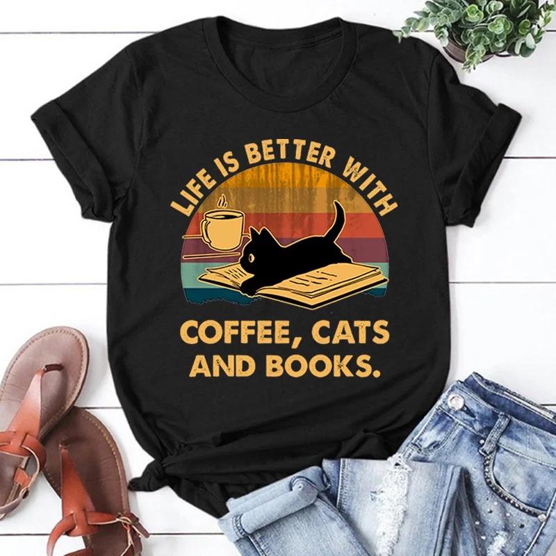 

Hot Life Is Better with Coffee Cats and Books Print TShirt Loose Short Sleeve Harajuku Casual Tops Women Summer TShirt S