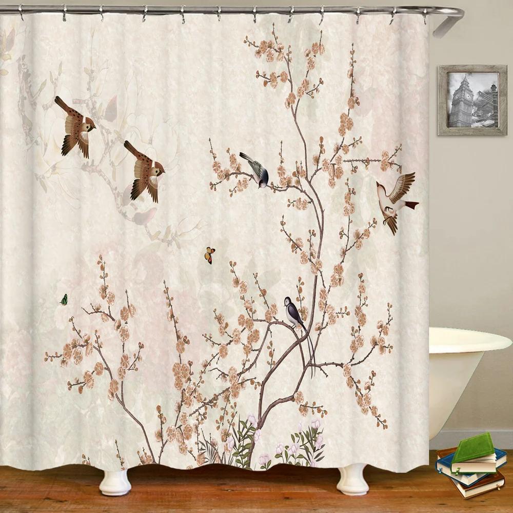 

Chinese Style Flower And Bird Landscape Shower Curtain Waterproof Bathroom Curtain Bath Curtains Fabric 3D Printed With Hooks W60H190(CM)-1 Pcs