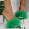 Women Modern Slippers Summer New Sexy Feather Decorate High Heels Stiletto Peep Toe Mules Plus Size Ladies Sexy Pumps Shoes
