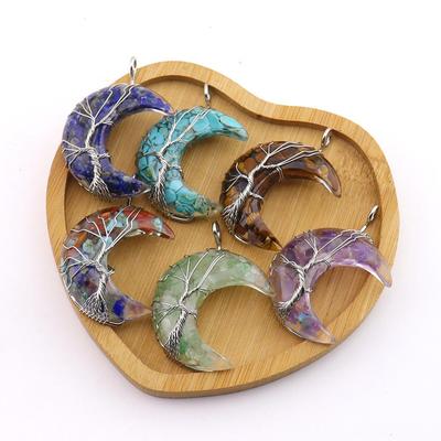 Chakela Crescent Moon Crystal Tree of Life Pendant, N755.