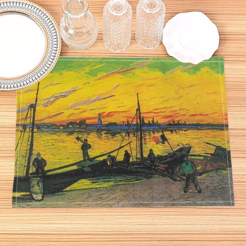Van Gogh Painting Print Linen Dining Table Mats Kitchen Placemat 30X45cm Coasters Pads Bowl Cup Mat