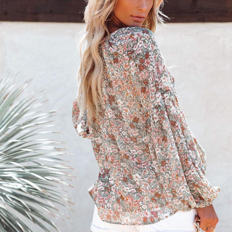 Herbst Neu Floral Chiffon Bluse Damen Locker V-Ausschnitt Langarm Freizeit Oberteil