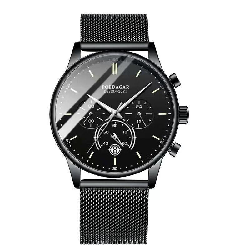 

POEDAGAR Fashion Men Watch Chronograph Stainless Steel Mesh Quartz Wristwatch Waterproof Luminous Date Sports Watches серый/чёрный