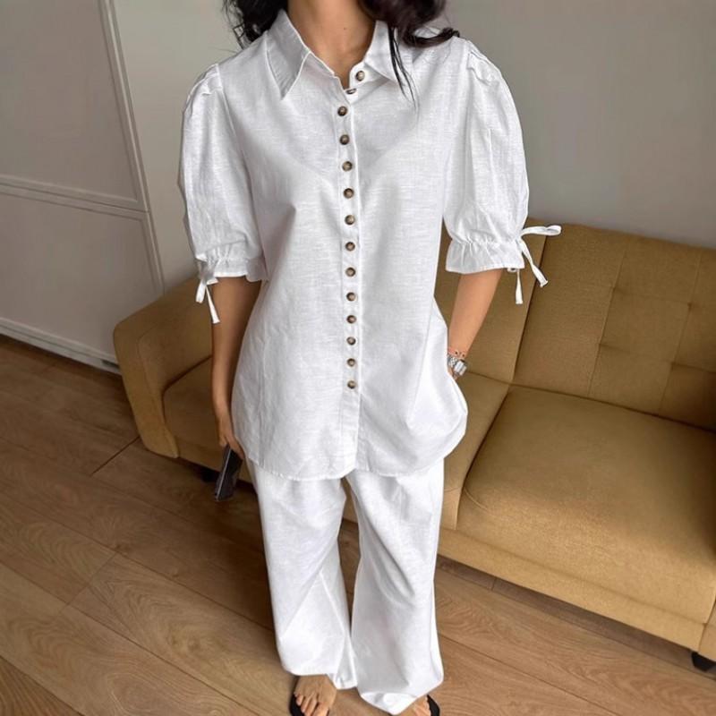 Womens White Cotton Linen Blouse Pants Set Casual 2-Piece Outfit With Puff Sleeves