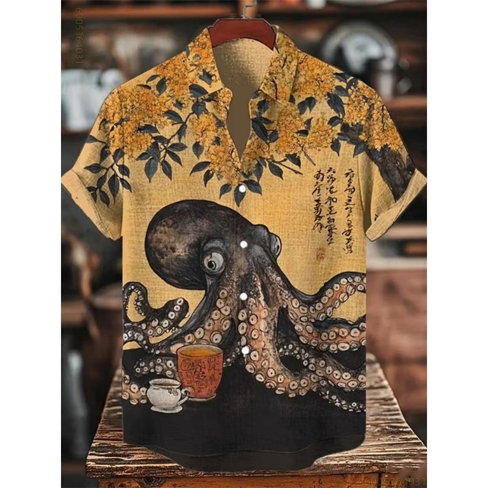 Men's Shirt Fashion Cat Print Short Sleeved Shirt Outdoor Beach Loose Casual Hawaiian Shirt Comfortable Fabric