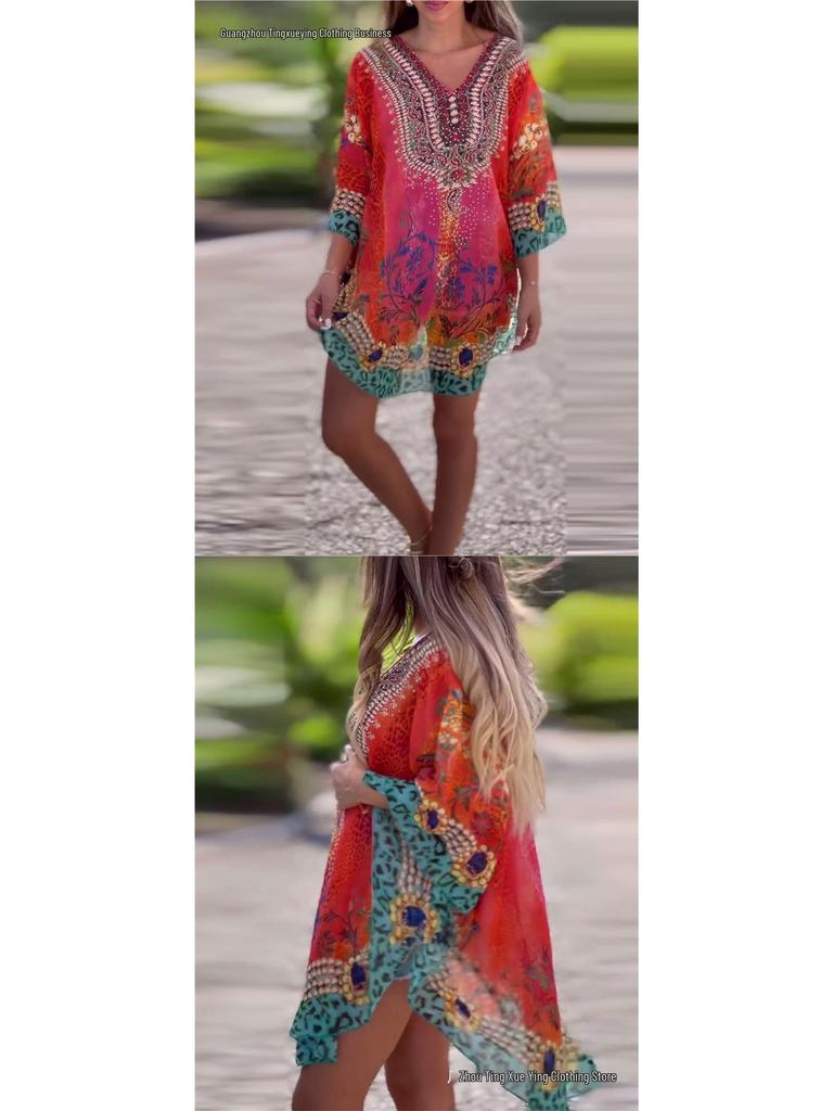 Spring V-Neck Ethnic Print Loose Shirt for Women