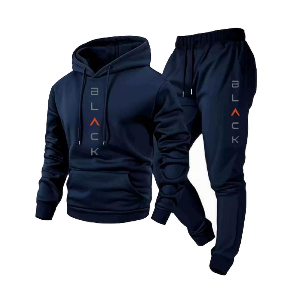 Men's Casual Solid Color Letter-printed Sweatshirt Set, Men's Fleece Hooded Drawstring Sweatshirt And Sweatpants Two-piece Set