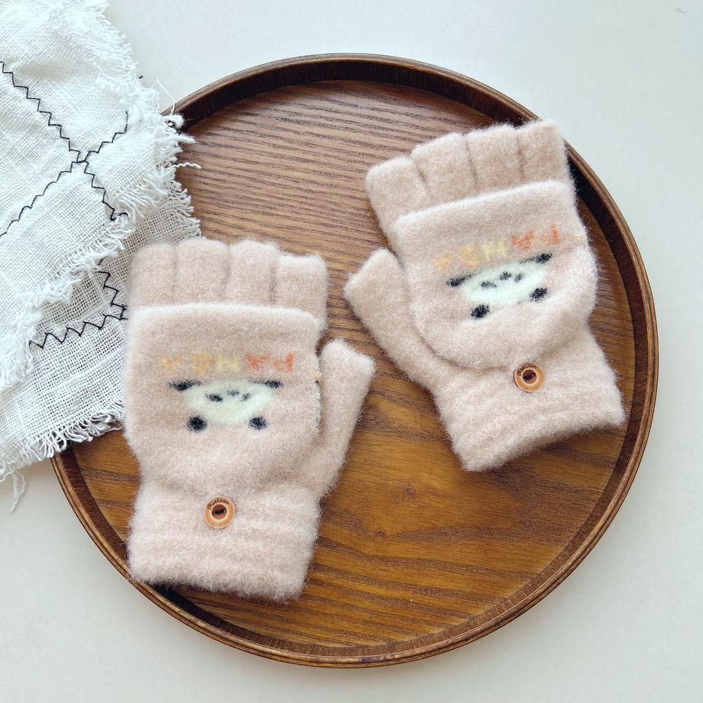 7-12 year old children's gloves 25 winter warm and cold proof men and women velvet flip half finger knitted baby cute cartoon