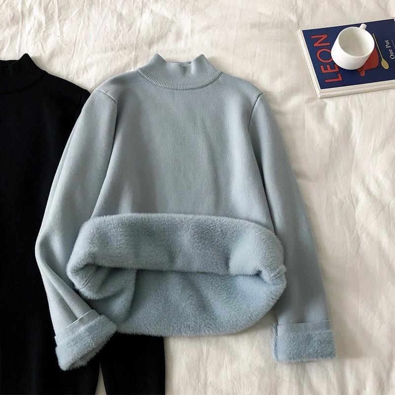 Autumn and winter semi-turtleneck velvet thickened top women's warm inner round neck long-sleeved T-shirt women's base versatile sweater