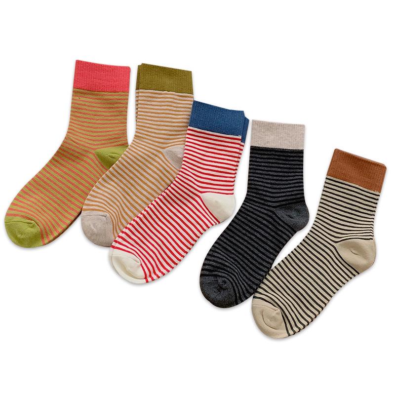 Women's Striped Mid-Tube Socks - Trendy Autumn/Winter Outdoor Retro Japanese Style for Students