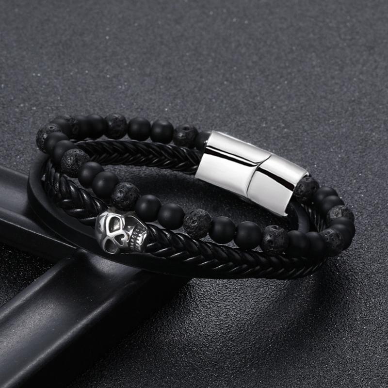 

Trendy Men Bracelet Gothic Skull Braslet Hiphop Rock 3 Layers Punk Brazalete Natural Stone Beads Braclet Stainless Steel Braslet лавовий