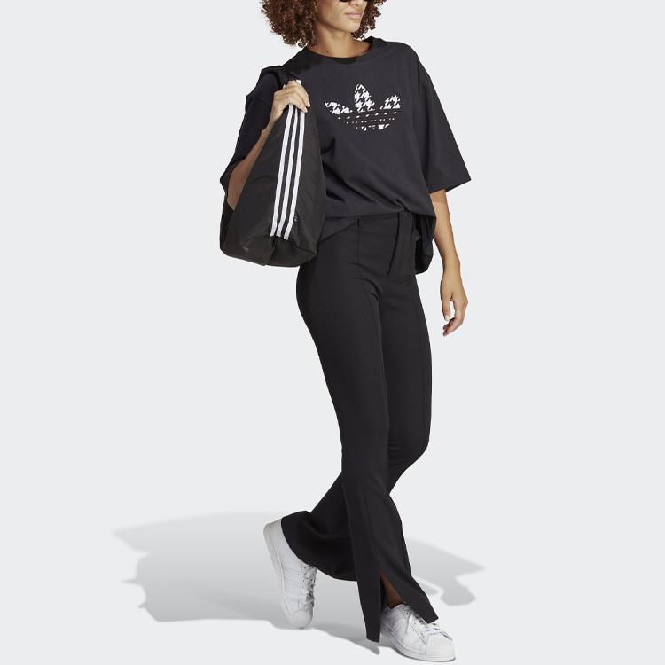Adidas Originals Retro Houndstooth Logo Print Loose Fit Round Neck Short Sleeve T-Shirt Women T-Shirts Black IC5145
