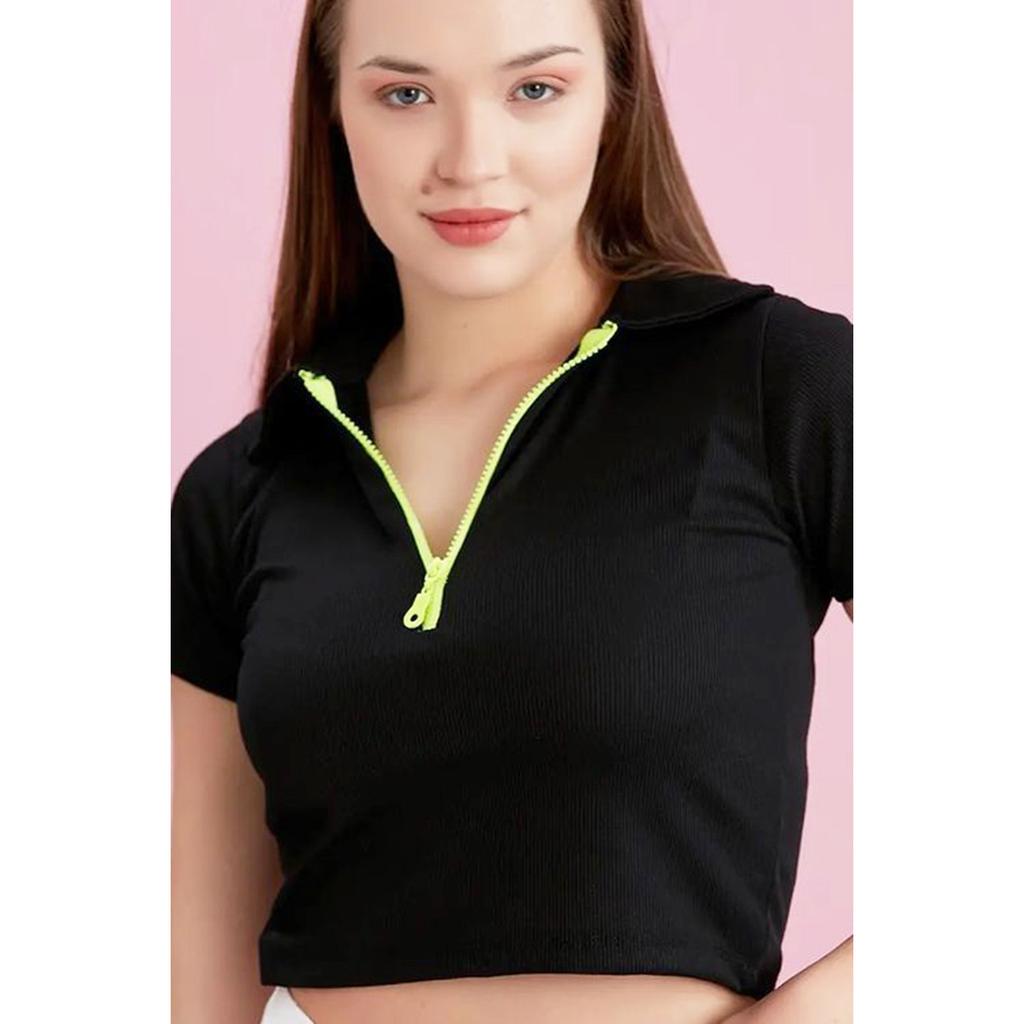 Polo Collar Neon Zipper Camisole Blouse