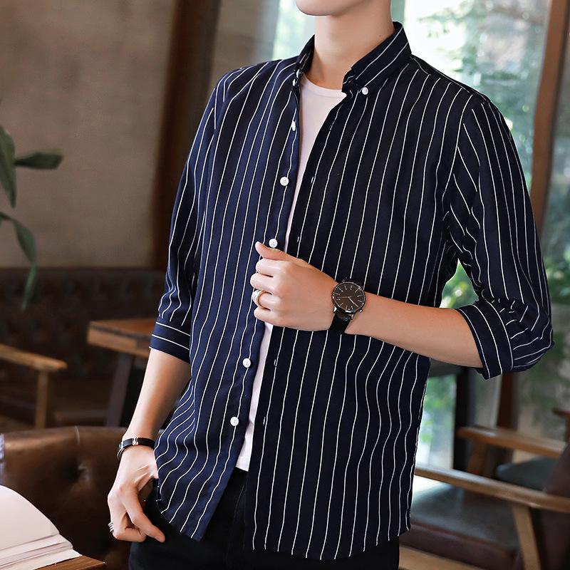 Men's Slim-Fit Striped Shirt: Japanese Style, Seven-Sleeve, Urban Casual for Spring and Autumn