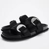 Fashion Bling Bling Rhinestone Buckle Design Flat Slippers Women Fashion Black Round Toe Sandals Summer Comfort Non-slip Beach Sandals