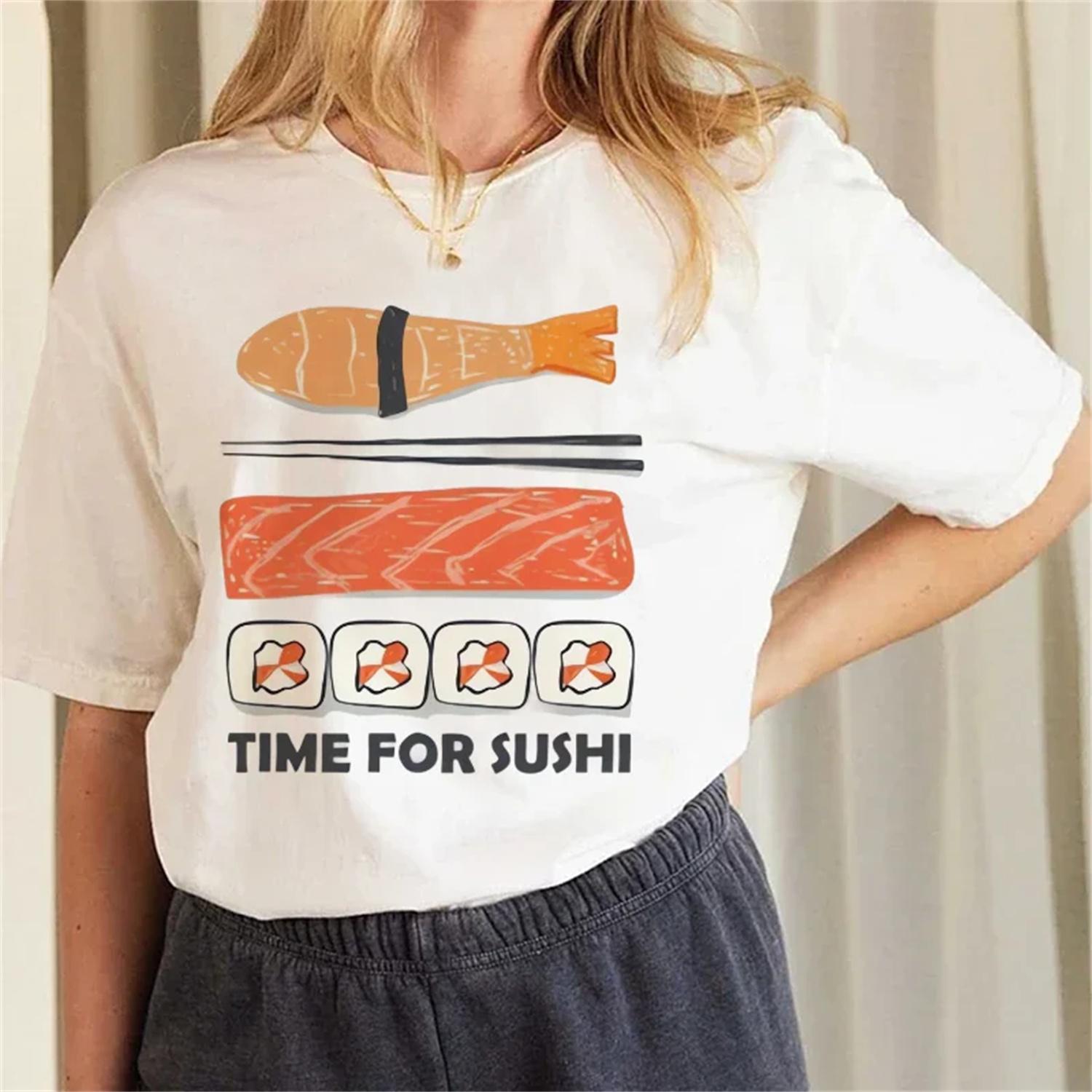 

Seafood Sushi Printed Harajuku O-Neck T-Shirt Casual Basic 90s Regular Women s Cartoon Printed Summer Beach Travel T-Shirt XXXXXL білий