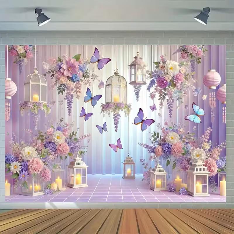 2D Romantic Pastel Floral and Lantern Backdrop Photo Booth Background