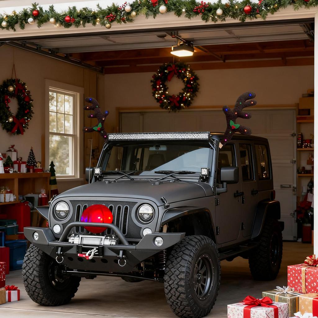 Enfeite de Renas de Natal para Carro com Luzes LED Traje de Galhadas para Exterior de Automóvel Decoração de Carro de Alce de Veludo Polar de Natal
