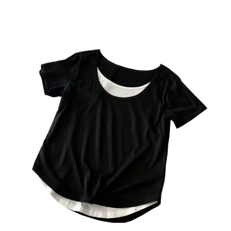 Design sense fake two-piece short-sleeved T-shirt women's contrasting colors splicing thin temperament versatile front shoulder crew neck T-shirt