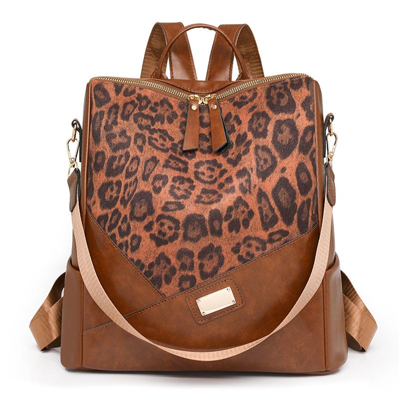 Retro fashion new leopard print backpack women's shoulder bag simple large capacity multi-functional three-purpose backpack