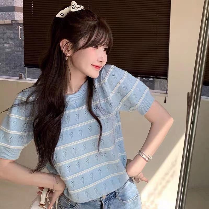 

Хлопковый свитер с круглым вырезом, в полоску, с ажурным узором, с короткими рукавами, женский, летний, новый, контрастного цвета, свободный и универсальный, короткий топ XXXL синий