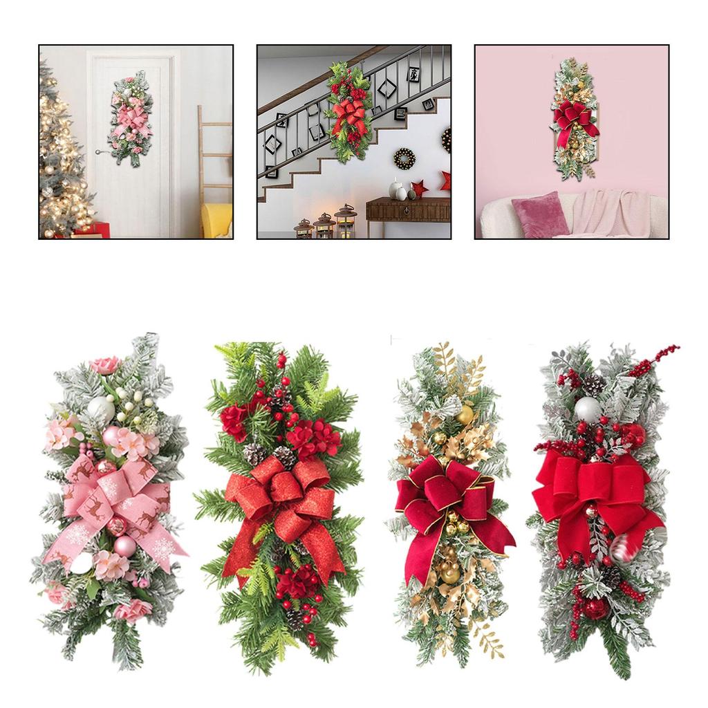 Christmas Swag with Bow Decorative Ornament Artificial Wreath Front Door Swag for Home Indoor Outdoor Garden Room Wedding