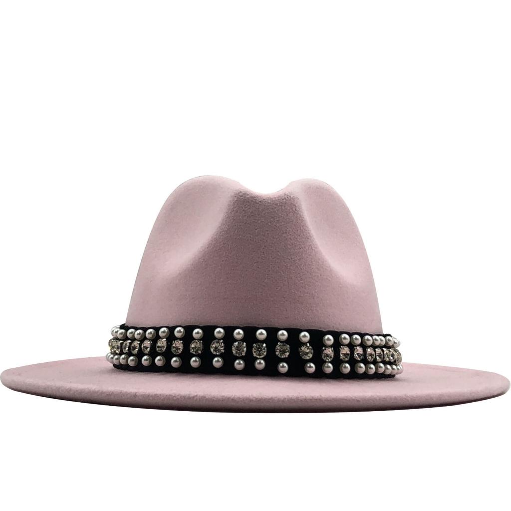 European, American and British Style Retro Fringed Pearl Chain Woolen Felt Hat Wide-brimmed Top Hat Korean Jazz Hat Lady Hat Tide