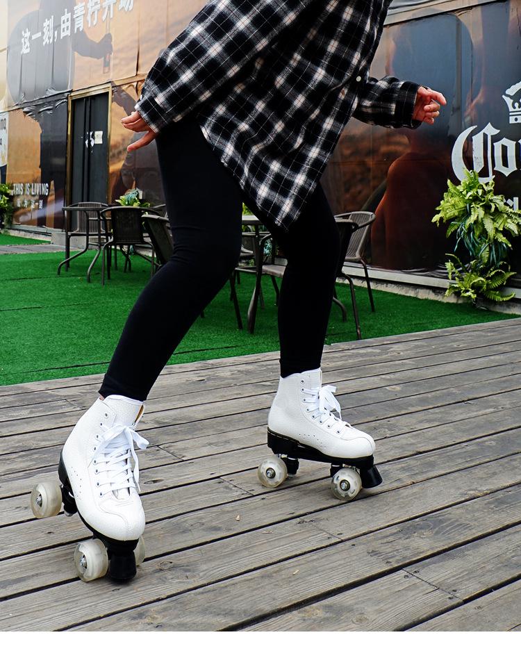 Rose Red Double Row Adult Roller Skates with Flashing Wheels - Leather Style
