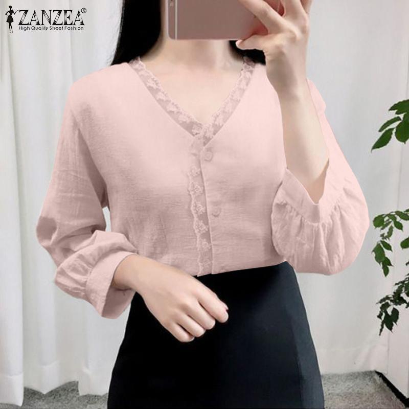 

ZANZEA Женская однотонная кружевная блузка в стиле пэчворк с v-образным вырезом и рукавами-фонариками