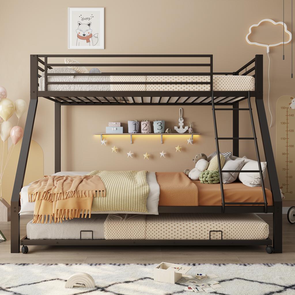 Metal Bunk Bed 90x200 & 140x200 Cm, Pull-Out Bed 90x190cm, Family Bed Capacity Up To 550kg, 3 Sleeping Places, Slanted Ladder & Fall Protection, Black