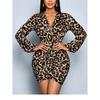 2026 New European and American Leopard Print Print Chest Wrap Sexy Deep V Slim Fashion Elegant Long-sleeved Dress