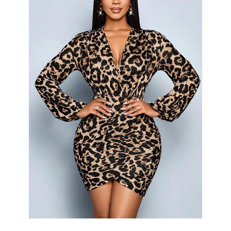 2026 New European and American Leopard Print Print Chest Wrap Sexy Deep V Slim Fashion Elegant Long-sleeved Dress