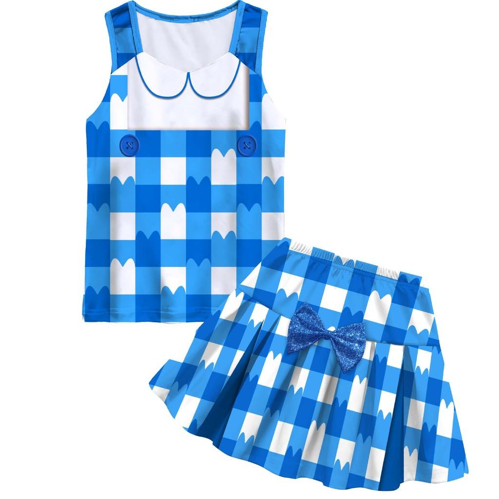 Kinder Mädchen Anime Cartoon Gabby Bedrucktes Ärmelloses Blaues T-Shirt Faltenrock Sets Halloween Cosplay Kostüme