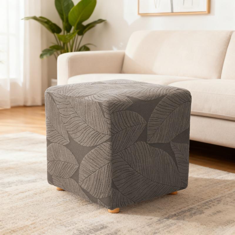 Leaf Jacquard Elastic Square Dust-proof Sofa Footrest Cover Stretch Stripe Slipcover Stool Cover Living Room Office Home Decor