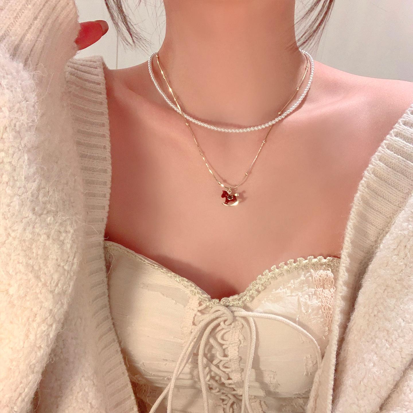 Real gold electroplated dripping pony pearl necklace natal year retro temperament versatile collarbone chain sweater chain women
