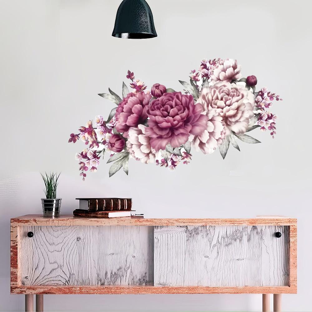 Self-adhesive PVC Wall Stickers Modern Peony Rose Watercolor Blooming Flowers for Living Room Decor