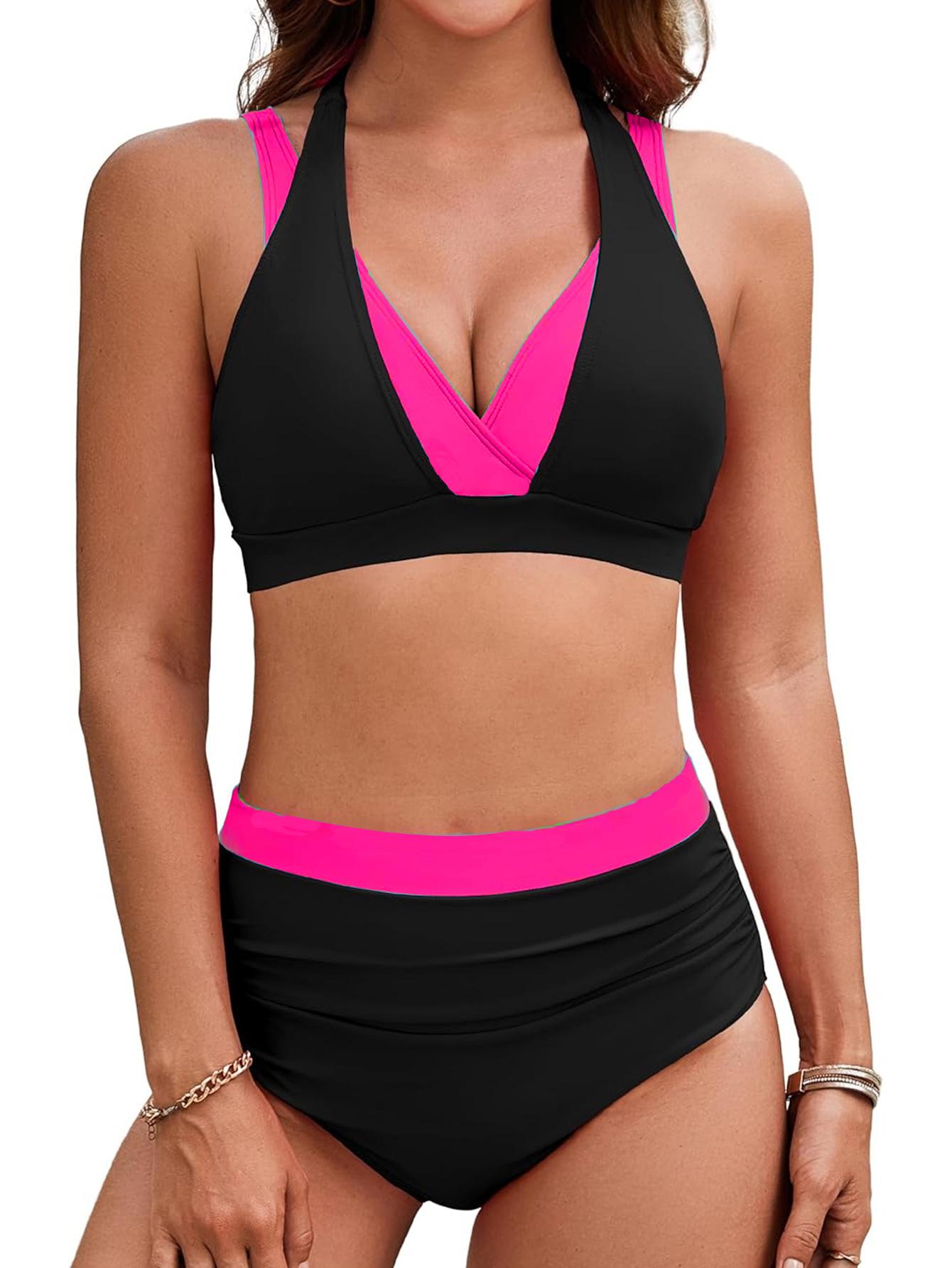 

Color Block Halter High Waist Sexy Two Piece Bikini Set Elegant Women Swimwear S