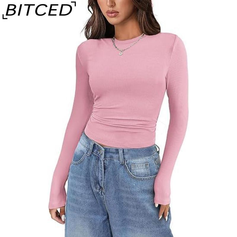 BITCED Women's Long-Sleeved Stretch O-Neck Ribbed T-Shirt Fitted Casual Basic Top