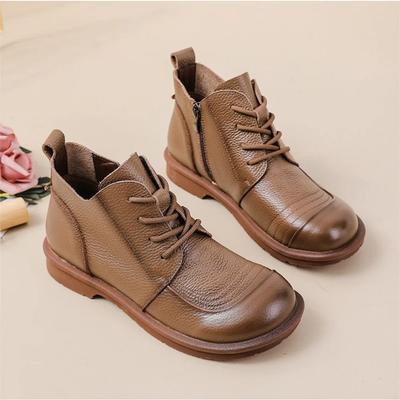 Women'S Boots  Autumn/Winter New Retro Single Boot Low Heel Short Boot British Style Genuine Leather Round Toe Womens Shoes