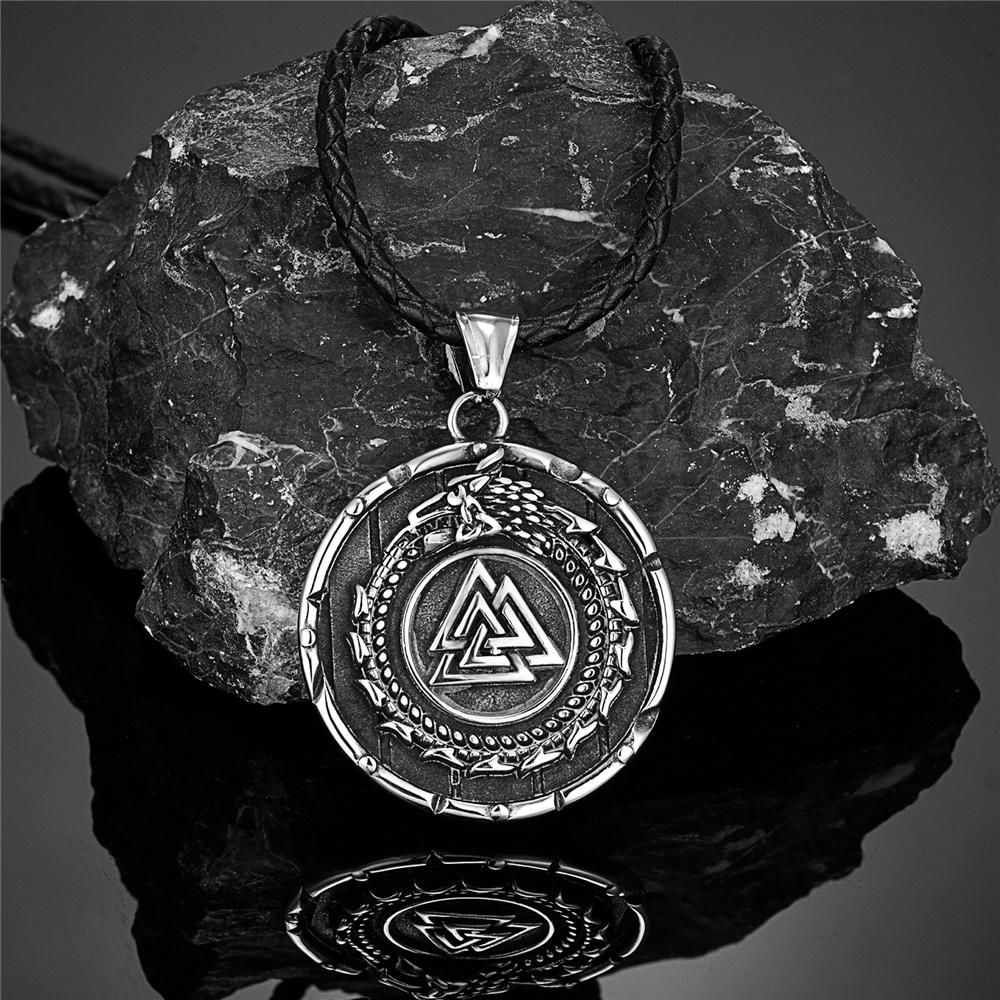 Vikings Ouroboros Dragon Necklace Men Stainless Steel Norse Runes Triangle Pendant Scandinavian Jewelry Gift